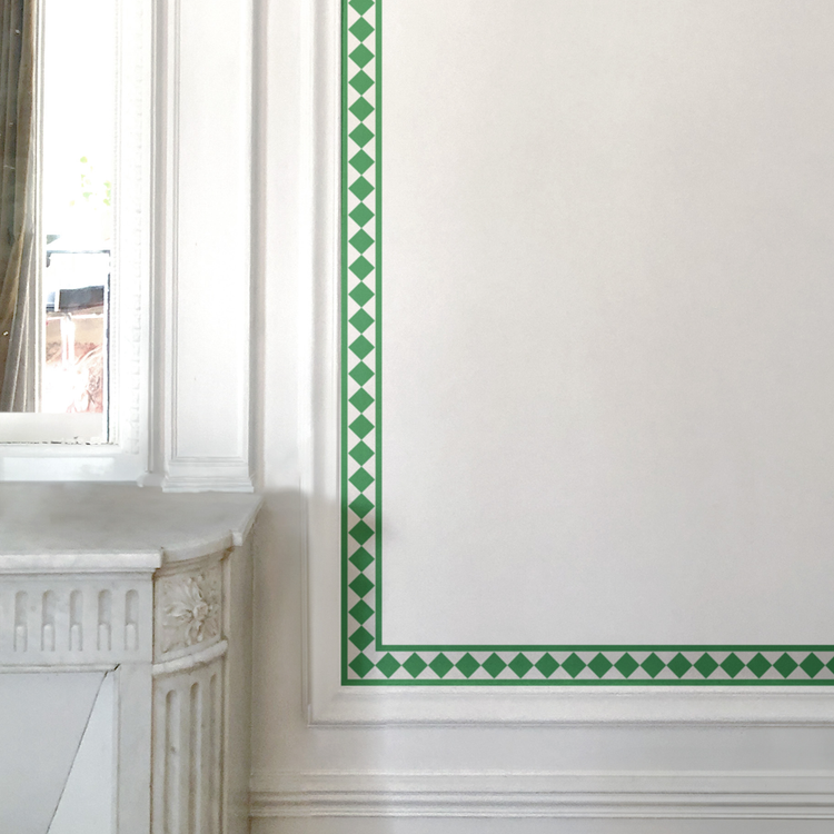 GALON ARLEQUIN losanges verts sur fond blanc